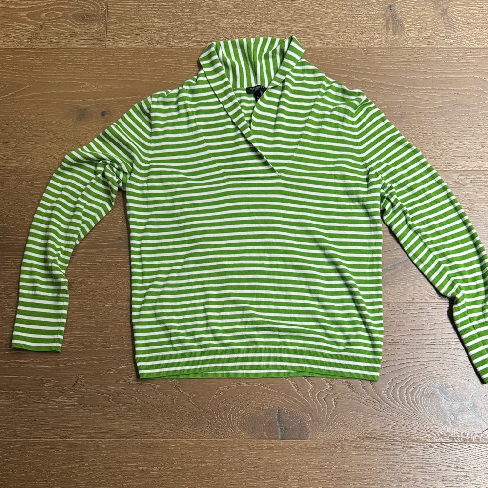 Talbots Petites Green & White Striped Shawl Collar Sweater Size LP - Picture 2 of 5